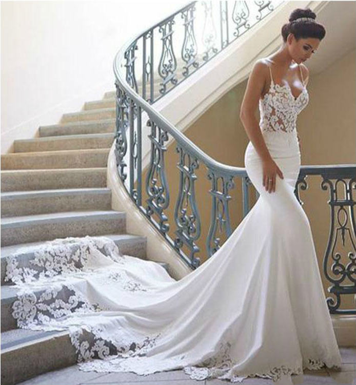 Gorgeous Long Train Straps Beach Mermaid Bridal Gowns Spaghetti Lace Dubai Wedding Dresses Appliqued Robe De Mariee Vestidos 0509 0510