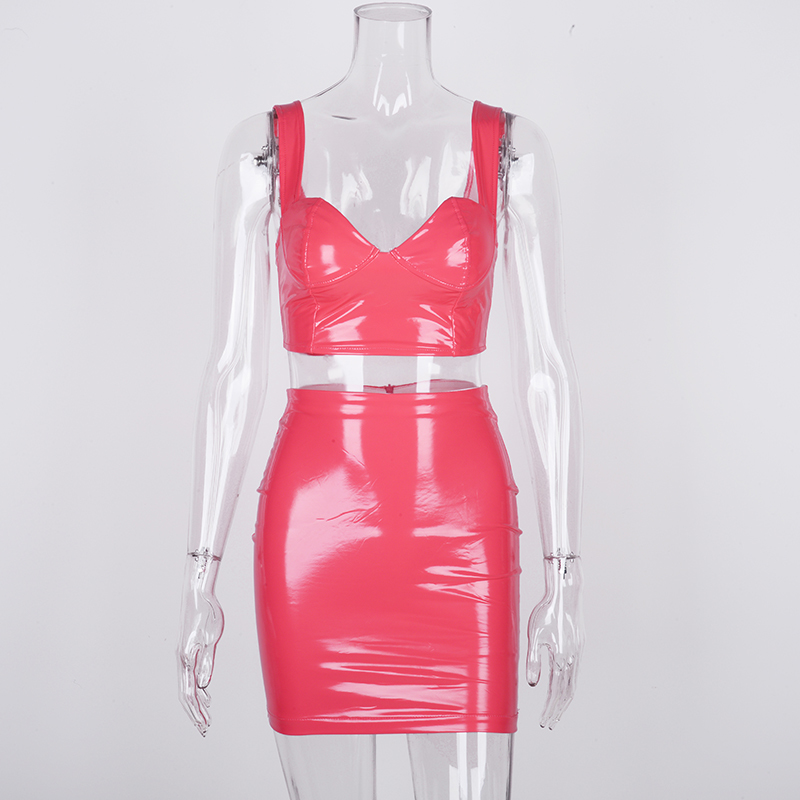 NewAsia Two Piece Set 2 Piece Set Women Leather Crop Top And Skirt Set Summer Clothing Matching Sets Two Pieces Outfits Club