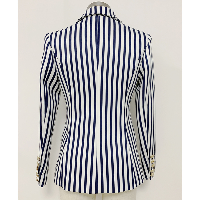 Top Quality Original Design Women's Classic Stripe Blazer Double-Breasted Blazer Business Wear Metal Buckles Jacket Blending Coat Outwear
