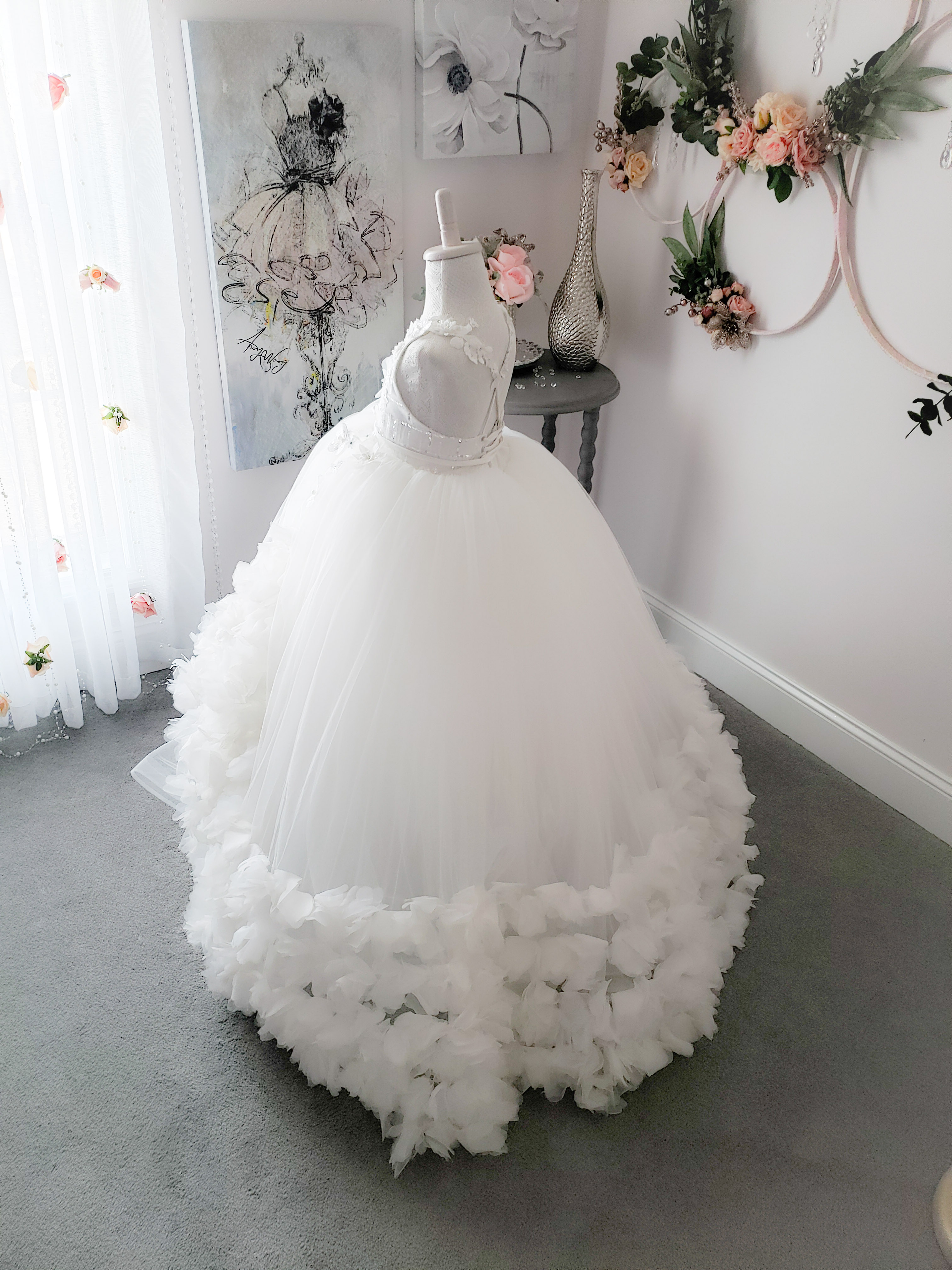 Lovely Ball Gown Flower Girl Jewel Neck Sleeveless Tulle Lace Crystal Wedding Dress Floor Length Girl's Birthday Part 0508
