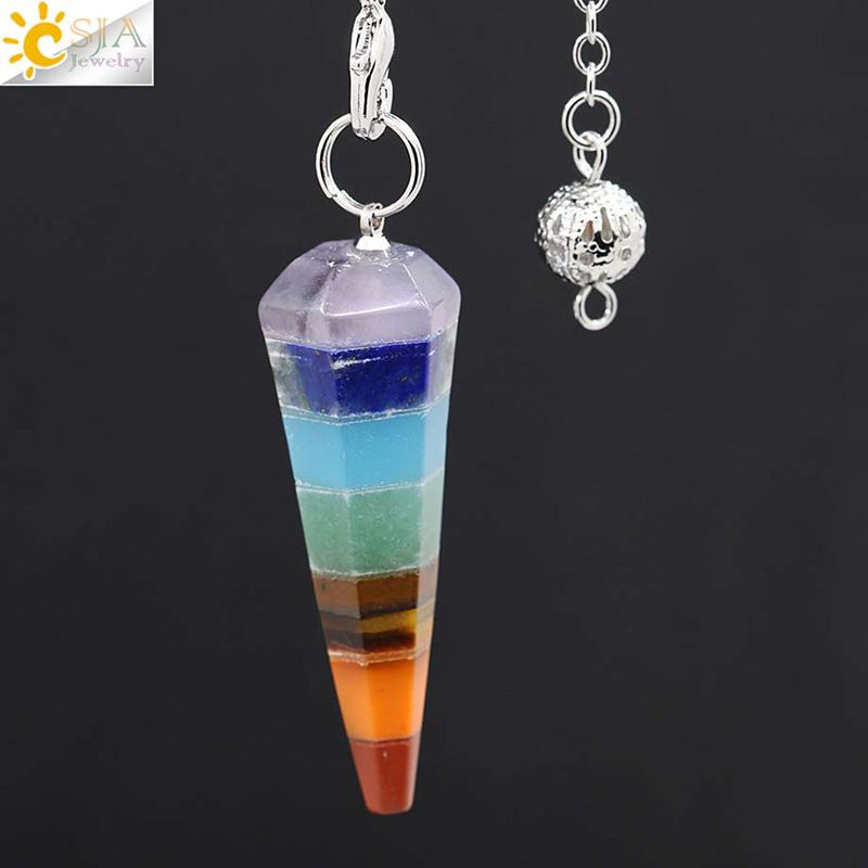 Hot Reiki Charm Pyramid 7 Colors Natural Gem Stone Rainbow Layered Dowsing Healing Point Pendant Chain Pendulum Gifts