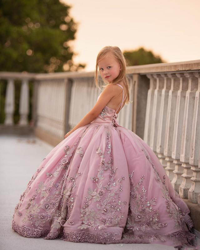 new arrival lace pearls flower girl dresses ball gown spaghetti girls wedding party dress vintage communion pageant gowns