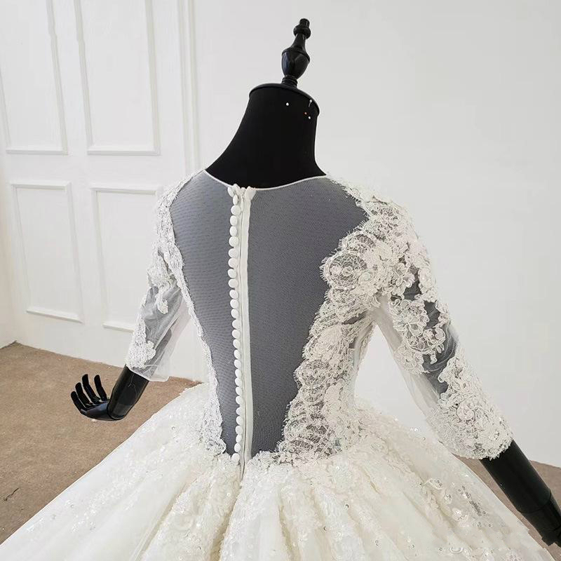 Crystal Beading Ball Gown Wedding Dresses Sparkly V Neck Half Long Sleeve Lace Bridal Gowns Puffy Sweep Train vestidos de novia