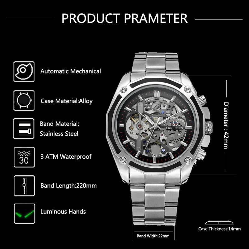 Forsining Men Watch Stainless Steel Military Sport Wristwatch Skeleton Automatic Mechanical Male Clock Relogio Masculino 0609 Y19052103