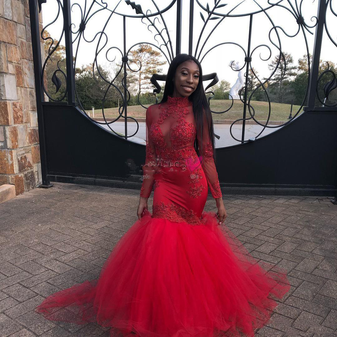 Red Mermaid Prom Dresses African Long Sleeves Beads Applique High Jewel Neck Floor Length Dresses Evening Wear