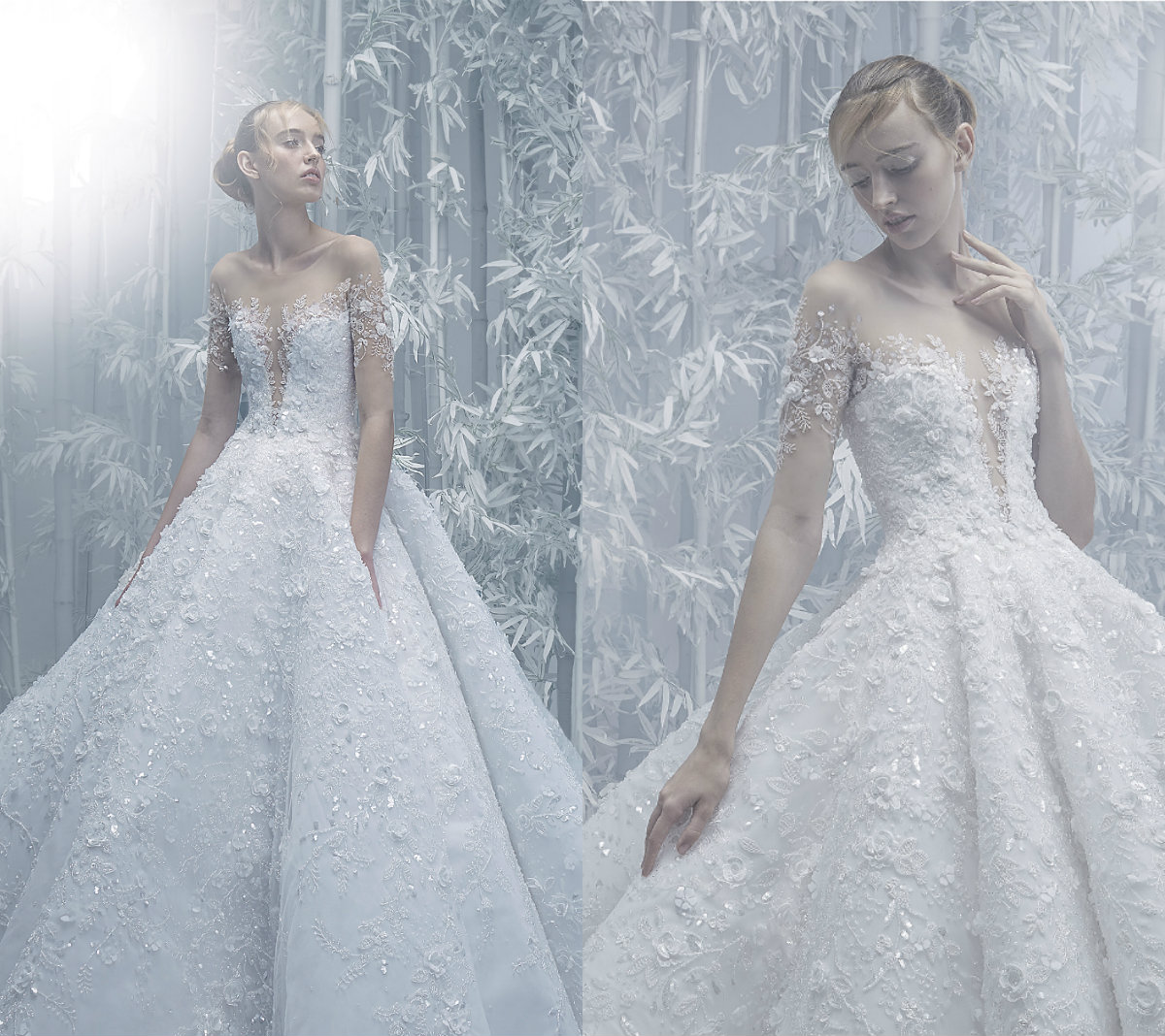 Michael Cinco 2019 Luxury Wedding Dresses Sheer Jewel Neck Lace 3D Floral Appliqued Bead Bridal Gowns Court Train Short Sleeve Wedding Dress