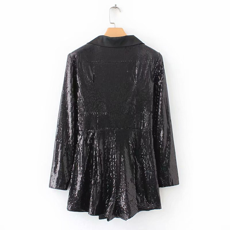 Women Black Sequin Blazer Playsuits Double Breasted Coverall Long Sleeve Shiny Jumpsuit Female Casual Romper Overalls Suit Y190502