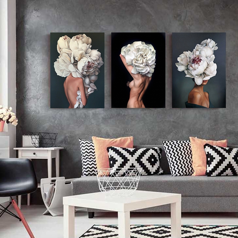 Flowers Feathers Woman Abstract Canvas Painting Wall Art Print Poster Picture Decorative Painting Living Room Home Decoration