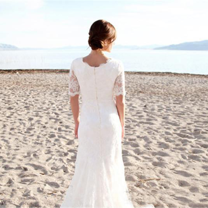Modest Short Sleeves Wedding Dresses with Pearls For Beach Garden Elegant Mermaid Brides Dress Cheap Lace Country Bridal Gowns