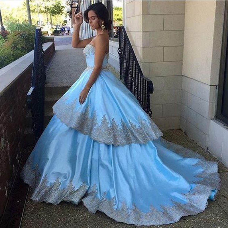Light Blue Gold Applique Ball Gowns Quinceanera Dresses Prom 2020 Two Layers Skirt Satin Strapless Open Back Pageant Party Sweet 16 Dress