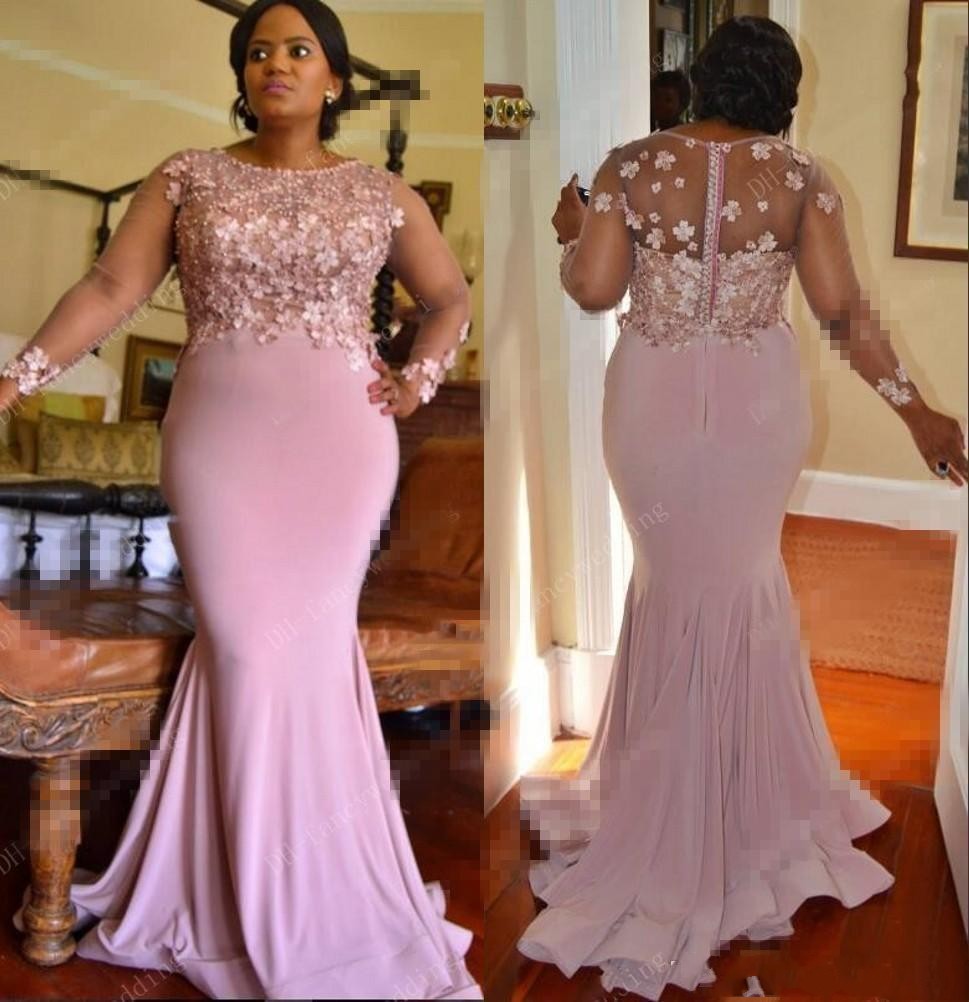 Dusty Pink African Mermaid Evening Dresses With Florals Plus Size Illusion Long Sleeves Black Girl Prom Dresses Satin Engagement Gowns 2020