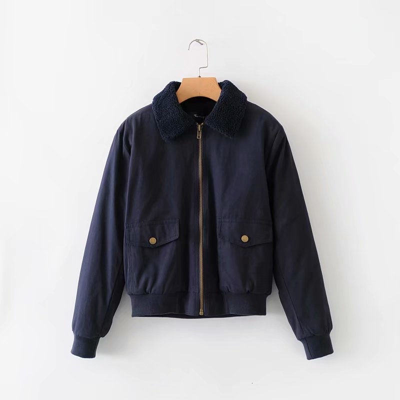 Jacket female French minority fashion solid color lapel long sleeve pockets decorated with loose plush jacket coat female T191023