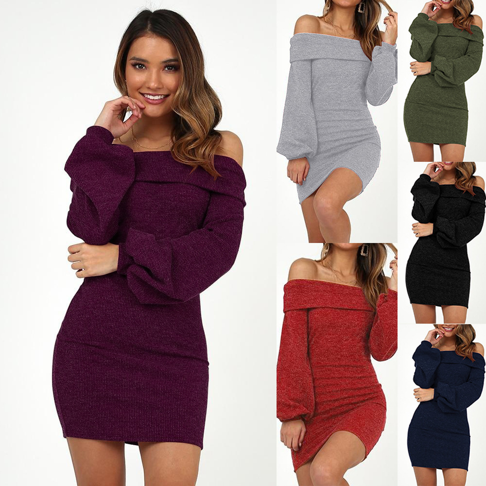 Spring Autumn Winter Womens Clothes Off shoulder Bodycon Dress Fashion Lantern sleeve Elastic lady's sexy dress S M XL, Black
Spring Autumn Winter Womens Clothes Off shoulder Bodycon Dress Fashion Lantern sleeve Elastic lady's sexy dress S M XL, Black
