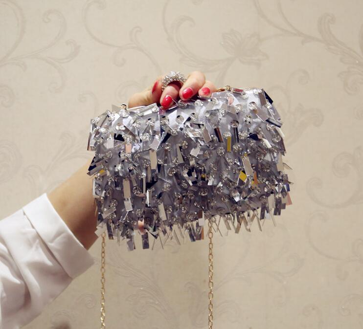 Tassel Diamond Clutch Bags Women Purse Ladies white Hand Bags Evening Bags for Party Wedding Silver Shoulder Bag