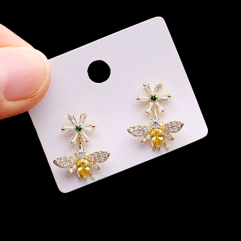 Shining Bling Flower Bee S925 Silver Needle Dangle Drop Earrings White Zircon Gold Plated Earring Jewelry Wholesale