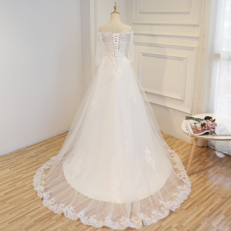 Vintage Lace Wedding Dress Sweep Train Strapless 3/4 Long Sleeves Lace-up Back Wedding Gowns Bridal Dresses