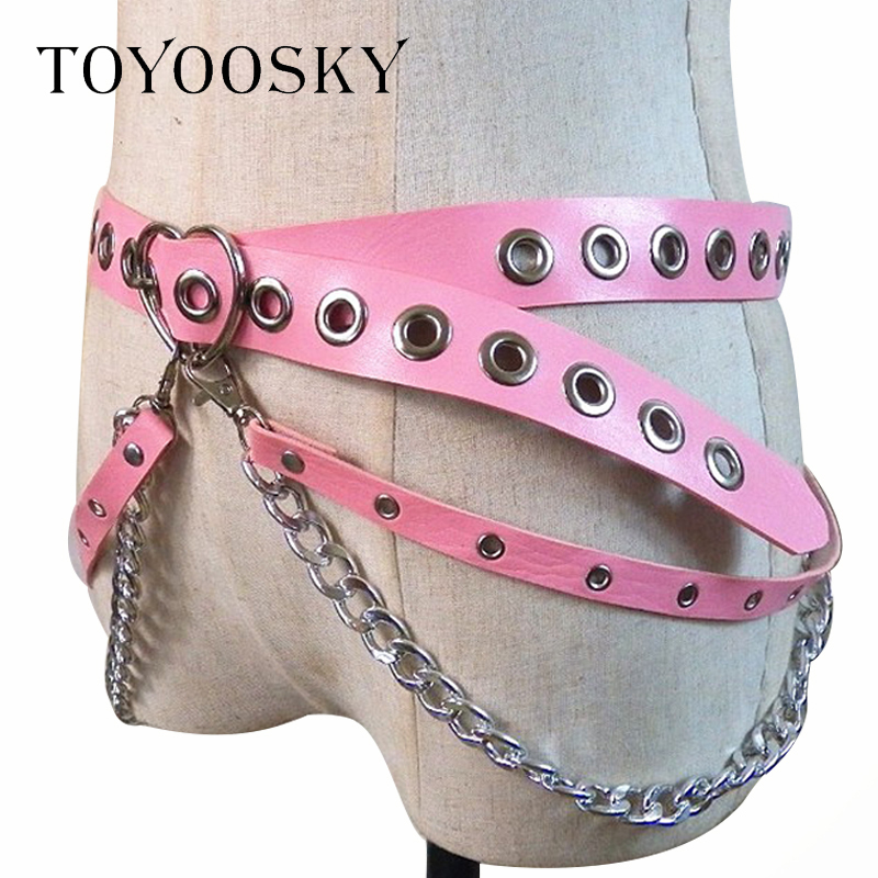 Women Gothic Punk Heart Shape Belt For Women Street Fashion Rock Hip-hop With Two Chain Waist Belts Ins Second Cowskin Toyoosky C19021601