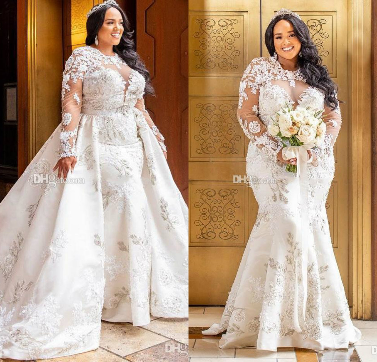 2019 Plus Size Wedding Dresses With Detachable Train Jewel Neck Sweep Train Lace Appliqued Long Sleeve Wedding Dress Gorgeous Mermaid Bridal