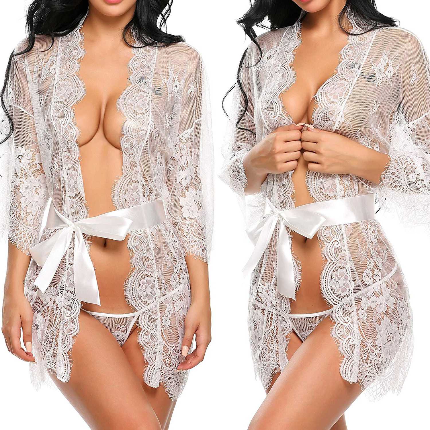 Sexy Women Lingerie Lace Night Dress Sleepwear Nightgown Bandage Deep V G-String See Through Sexy Sheer Sleep Dress 2019 Silky