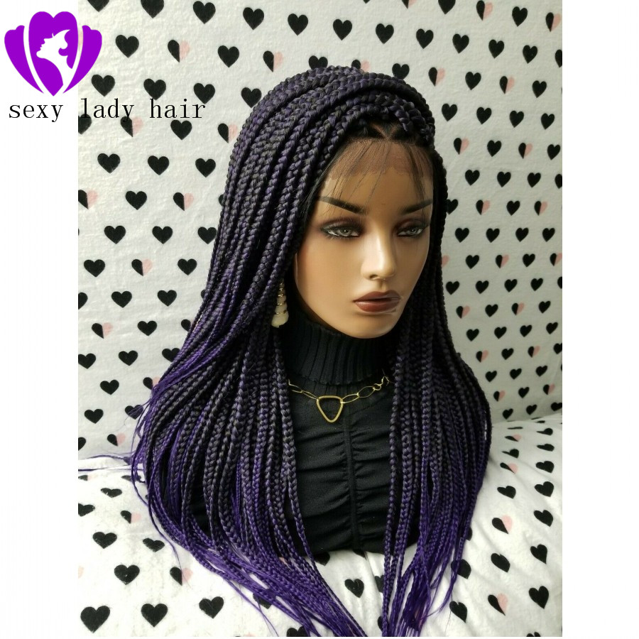 Natural Box Braided Wigs with Baby Hair Dark Roots Ombre purple Hand Tied Heat Resistant Synthetic Braided Lace Front Wigs for Women