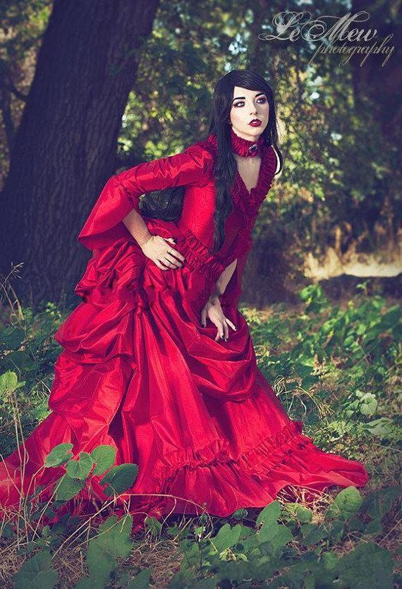 Vintage Mina Dracula Victorian Wedding Dresses Bridal Gowns With Long Sleeve 2022 Gothic Halloween Dark Red Garden Ruched Ruffles Plus Size Bride Dres