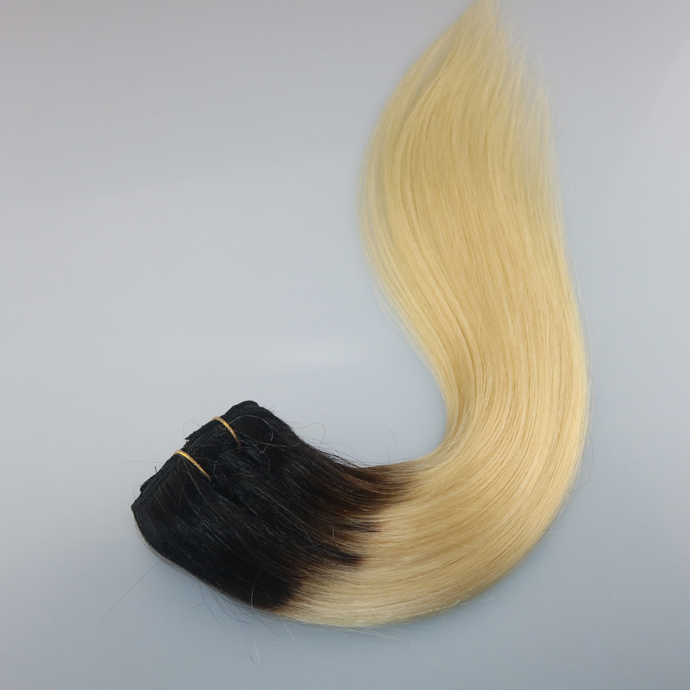 120g 7Pcs Human Hair Extensions T1b/613 Ombre Color Black To Russian Blonde Clip In Human Hair Extensions Highlights
