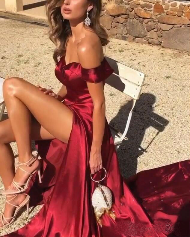 2019 Sexy Red Prom Dresses Thigh High Slits Off Shoulder Formal Evening Gowns Cheap Special Occasion Dresses