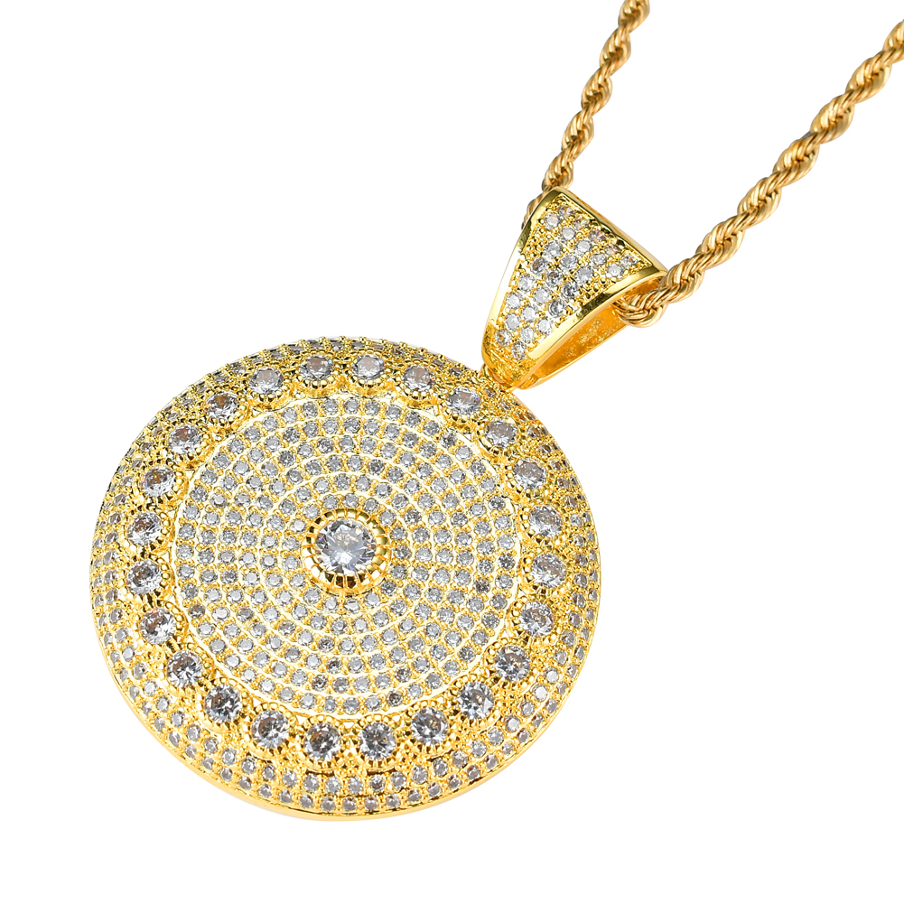 Wholesale- Hip Hop Disc Pendant Copper Micro pave with CZ stones Necklace Jewelry for men CN015