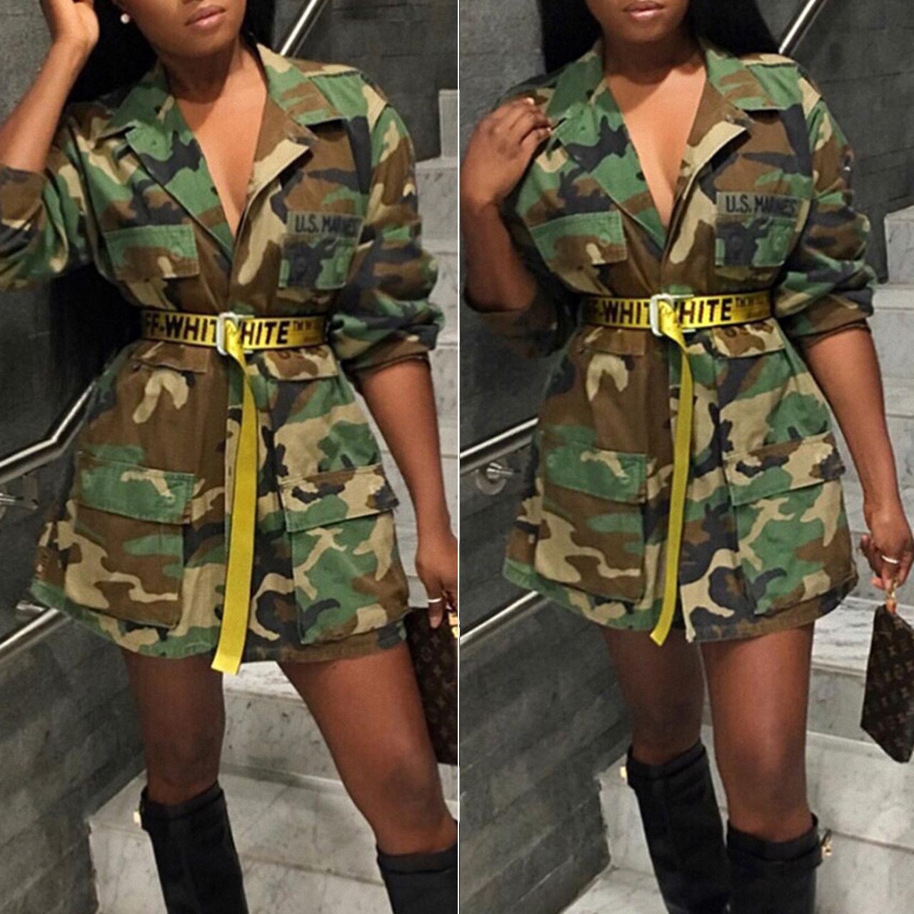Women Long Coat Oversized Casual Mini Dress Military Ladies Jacket Cotton Plus Size Club Coat Party Army Green Sexy Camouflage T191018
