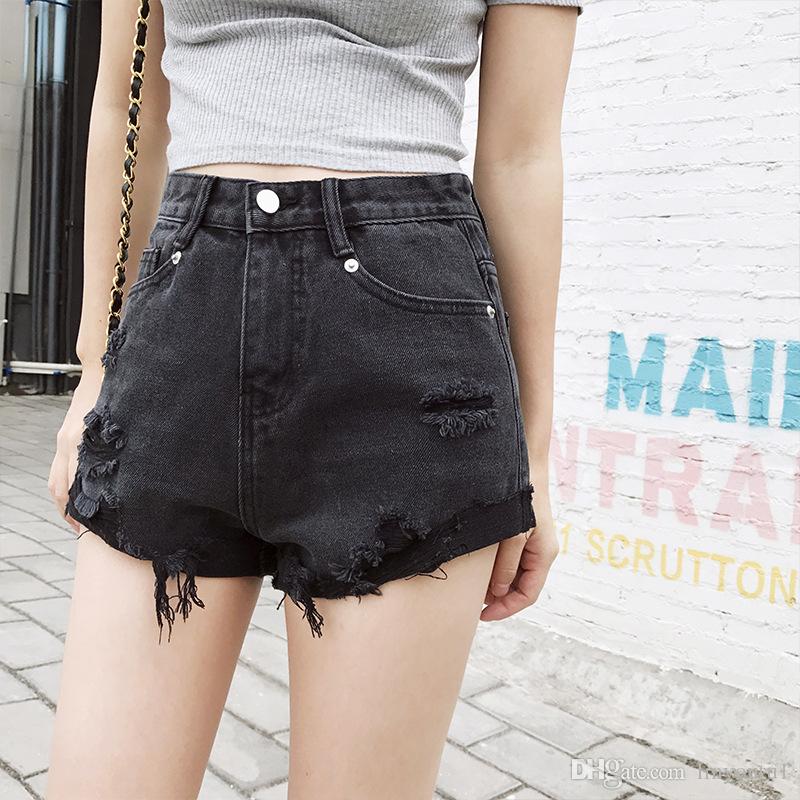 2020 European and American BF summer wind female blue high waist denim shorts women worn loose burr hole jeans shorts
