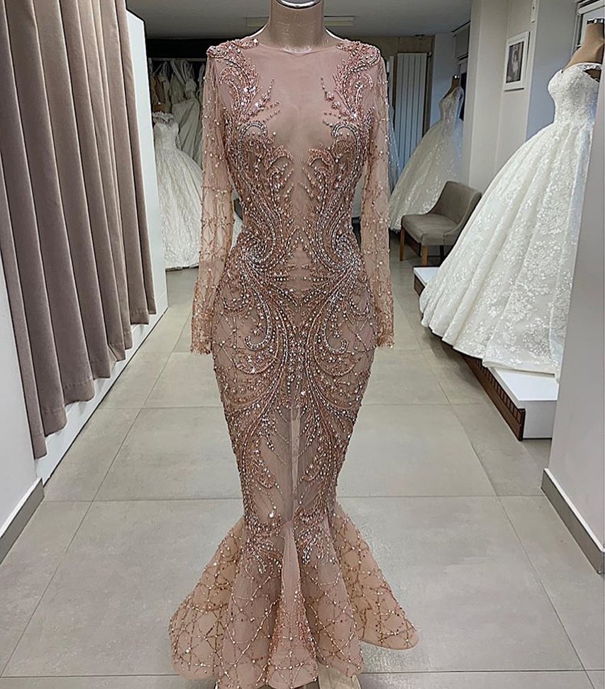 Sexy Illusion Beaded Mermaid Prom Dresses Jewel Neck Rhinestone Long Sleeve Evening Gowns Custom Made Formal Dress Party Wear