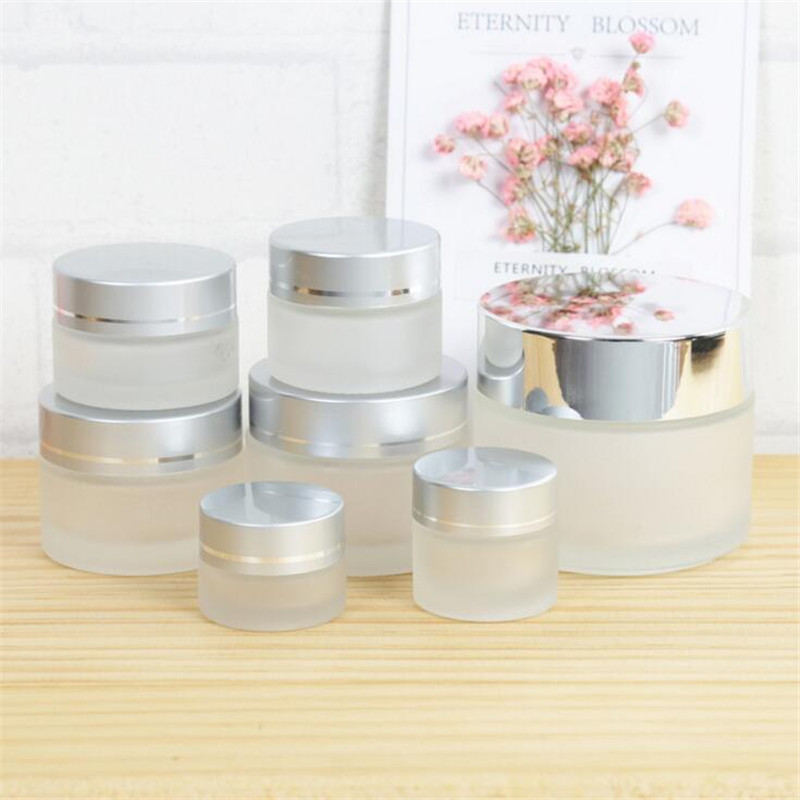 5g 10g 15g 20g 30g 50g Frosted Glass Bottles Cosmetic Jar Empty Face Cream Lip Balm Storage Container Refillable Sample Bottle with Silver Lids