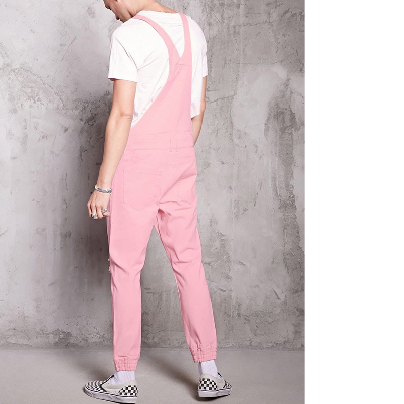 MJARTORIA 2019 New Pink Fashion Men's Ripped Jeans Jumpsuits Hi Street Distressed Denim Bib Overalls For Man Suspender Pants