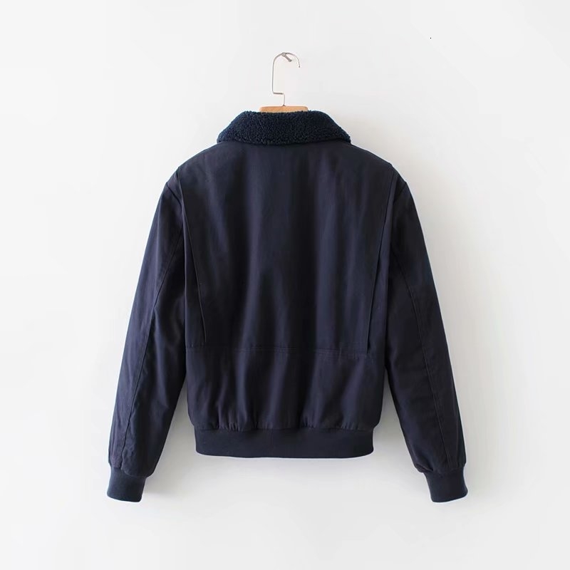 Jacket female French minority fashion solid color lapel long sleeve pockets decorated with loose plush jacket coat female T191023