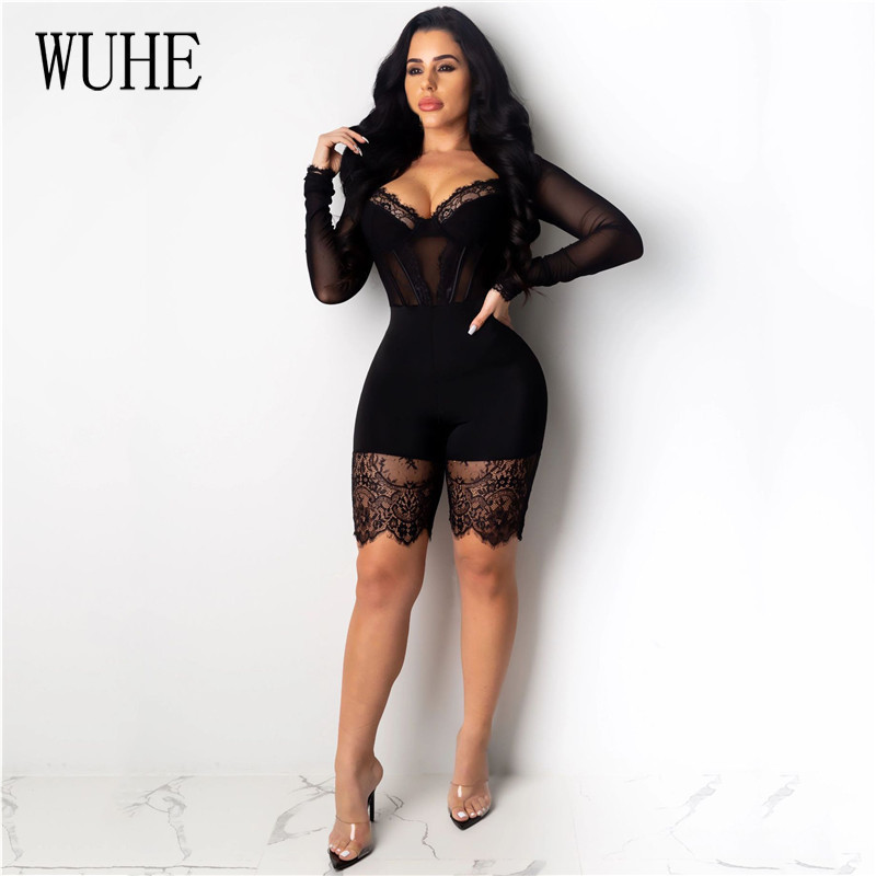 WUHE Lace Patchwork Sexy Spaghetti Strap Jumpsuits Women Off Shoulder Sleeveless Elegant Bodycon Bandage Party Short Playsuits T200113