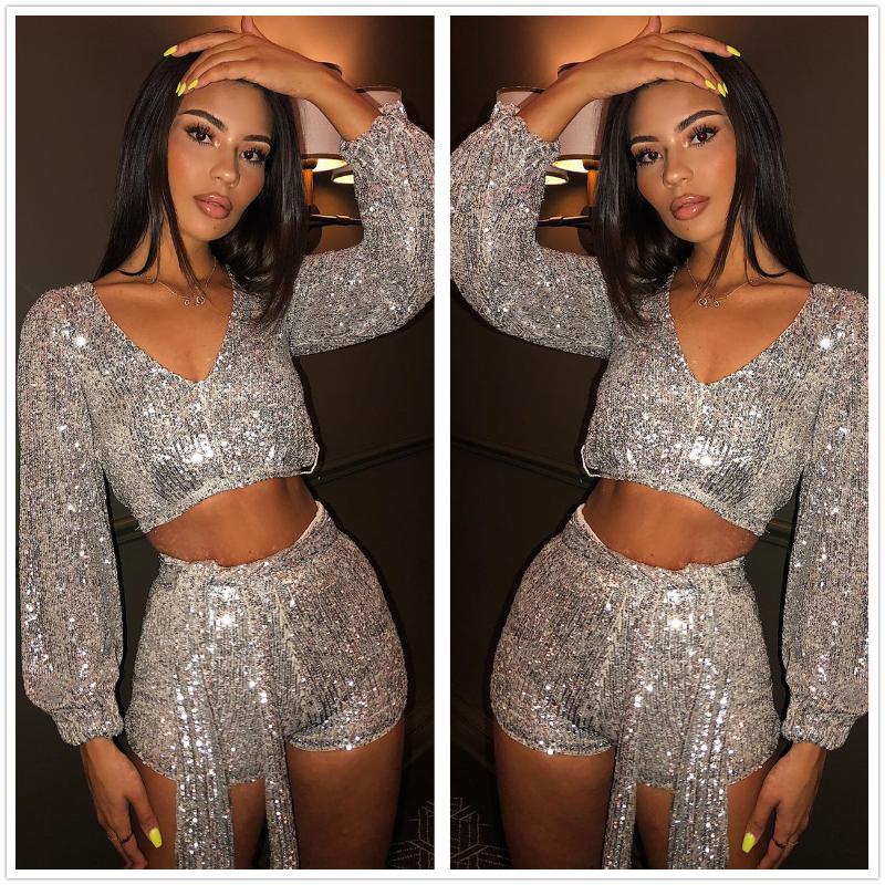 Silver Sequins Shiny Suit Summer Sexy V-neck Top Long Sleeve Tee Straight High Waist Drawstring Shorts. Ladies 2 Piece Set, Pink
Silver Sequins Shiny Suit Summer Sexy V-neck Top Long Sleeve Tee Straight High Waist Drawstring Shorts. Ladies 2 Piece Set, Pink