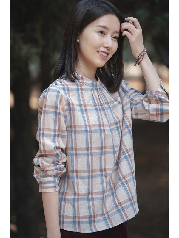 CYNTHIA Chinese-style Female Long-sleeve O-neck Shirt Lady Round-neck Blouse Cotton Plaid Straight Shirt Spring Autumn, Blue
CYNTHIA Chinese-style Female Long-sleeve O-neck Shirt Lady Round-neck Blouse Cotton Plaid Straight Shirt Spring Autumn, Blue