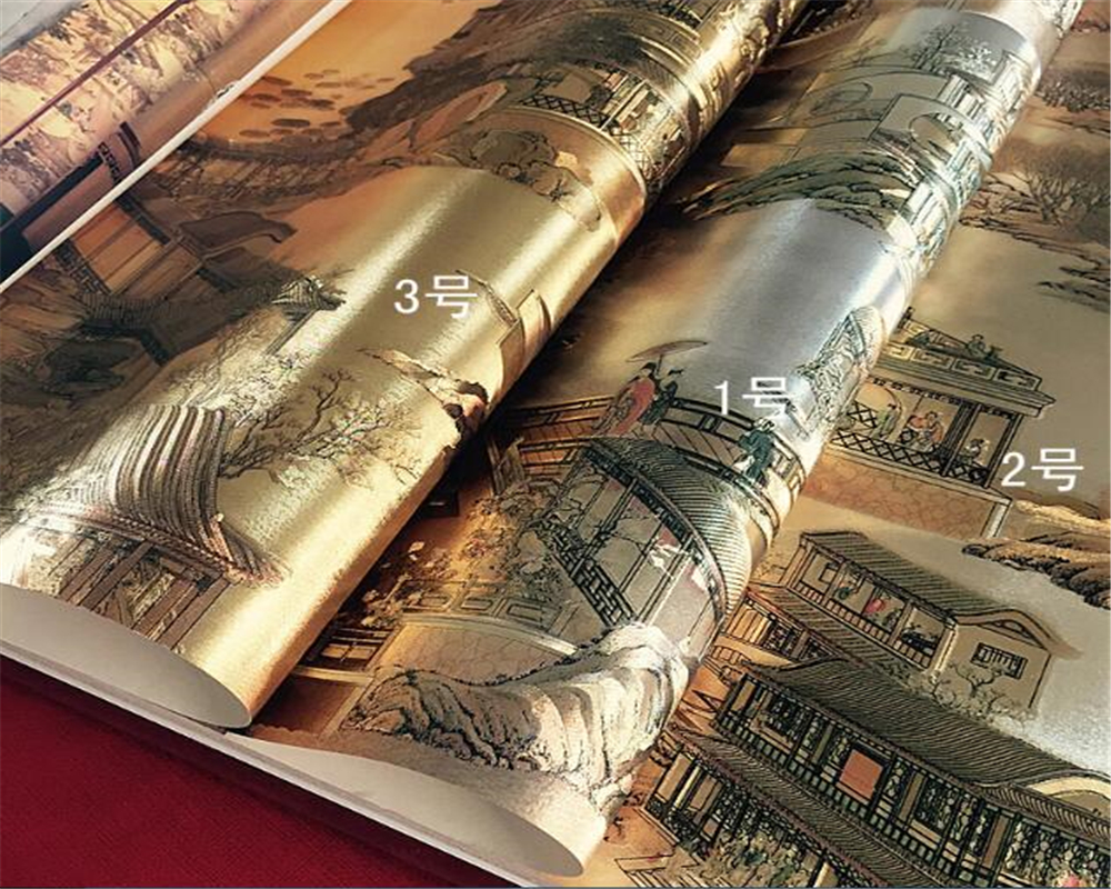 Qingming Shanghe 3D wallpaper landscape natural silk fiber gold restaurant classical Chinese decorative wallpaper