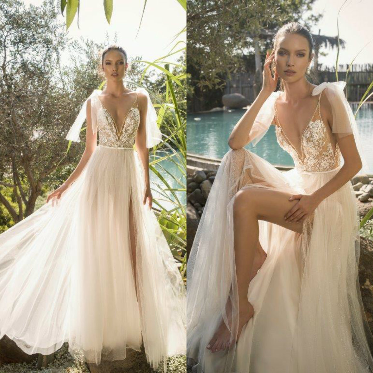2020 Julie Vino Beach Wedding Dresses Boho High Slit Lace Appliques Beaded Wedding Dress Bohemian A Line Bridal Gowns Vestidos De Novia