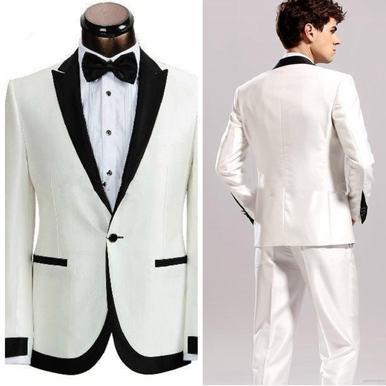 Black And White Mens Wedding Tuxedos One Button Slim Fit Groom Wear Peaked Lapel Best Men Formal Pants Suits