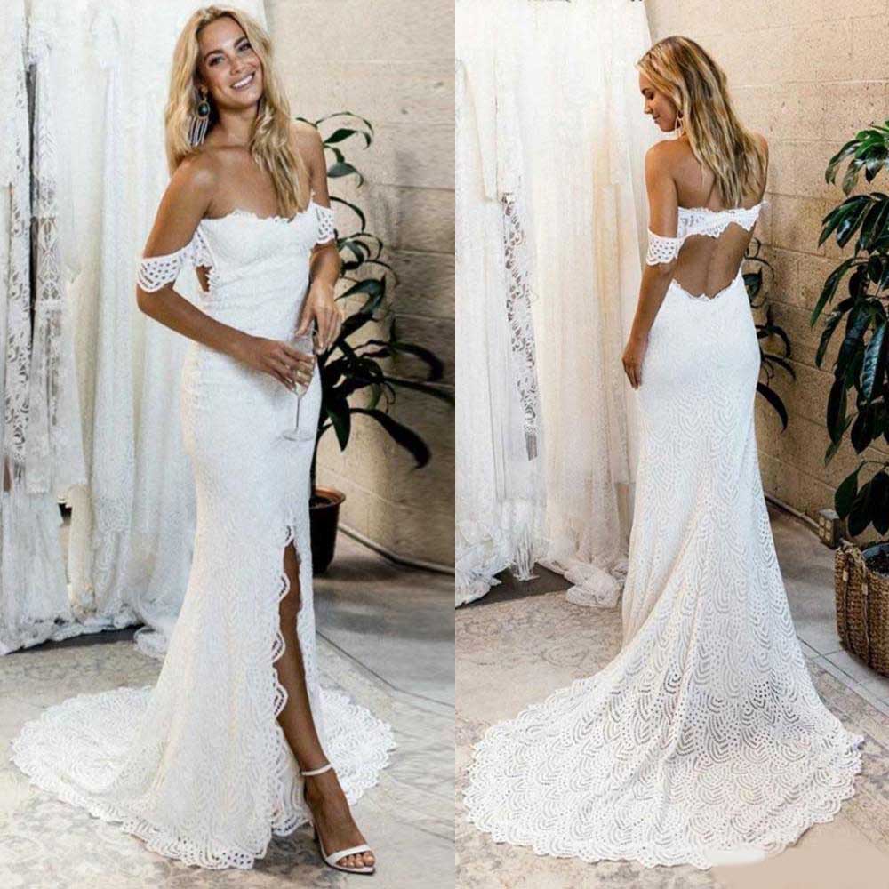 Bohemian Lace Country Garden Bridal Gowns 2020 Off Shoulder Front Slit Backless Mermaid Wedding Dresses Sweep Train robes de mariee, Silver
Bohemian Lace Country Garden Bridal Gowns 2020 Off Shoulder Front Slit Backless Mermaid Wedding Dresses Sweep Train robes de mariee, Silver