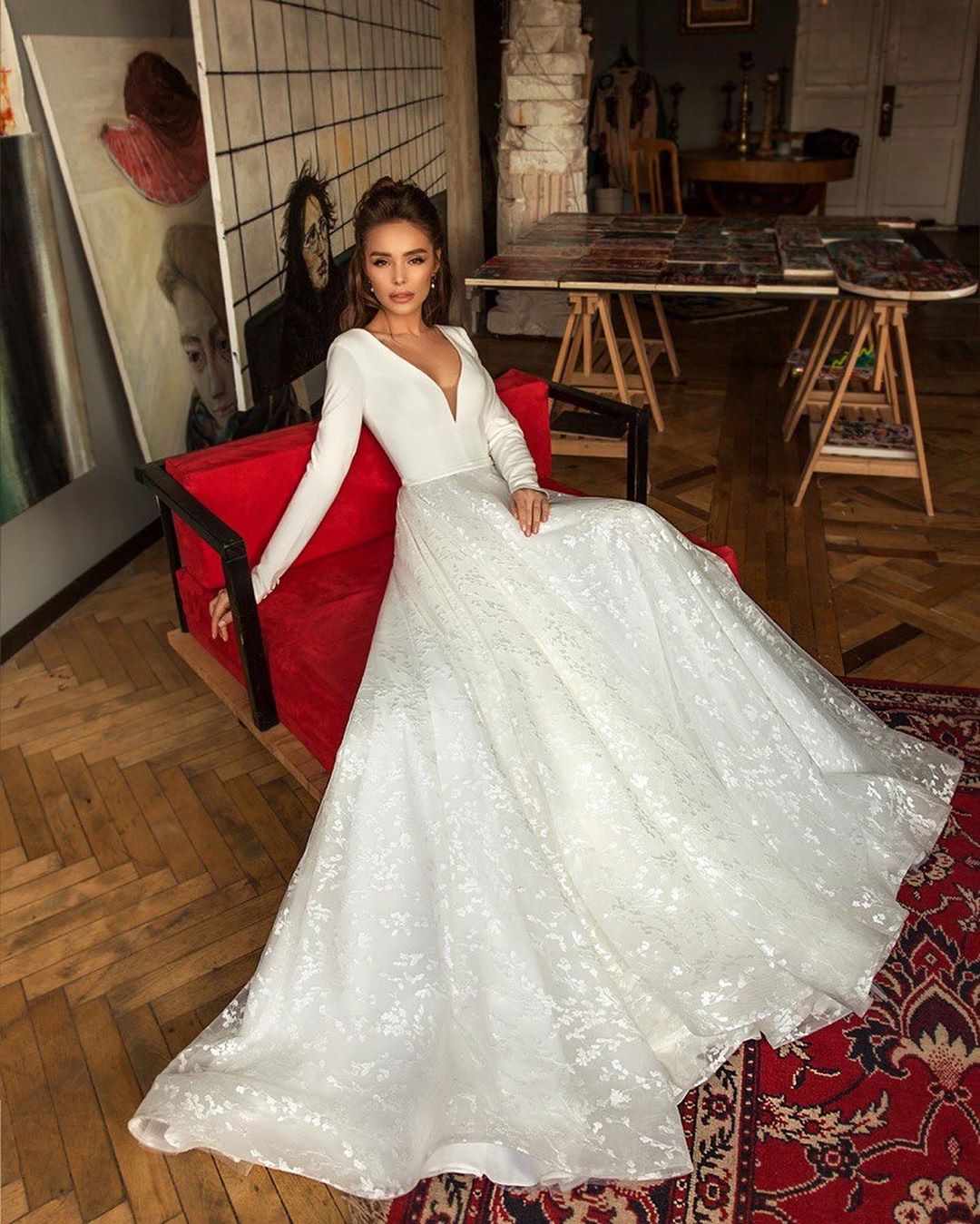 Long Fashion Sleeves Backless Wedding Dresses Deep V Neck A E Lace Bridal Gowns Sweep Train Robe De Mari E