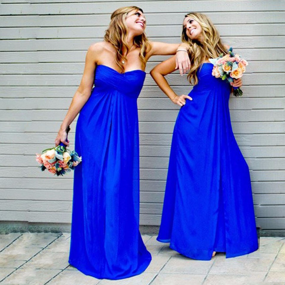 Women's Prom Gown Bridesmaid Dresses Sweetheart Chiffon Pleated Back Zipper Floor Length Wedding Party Dress Vestidos De Festa