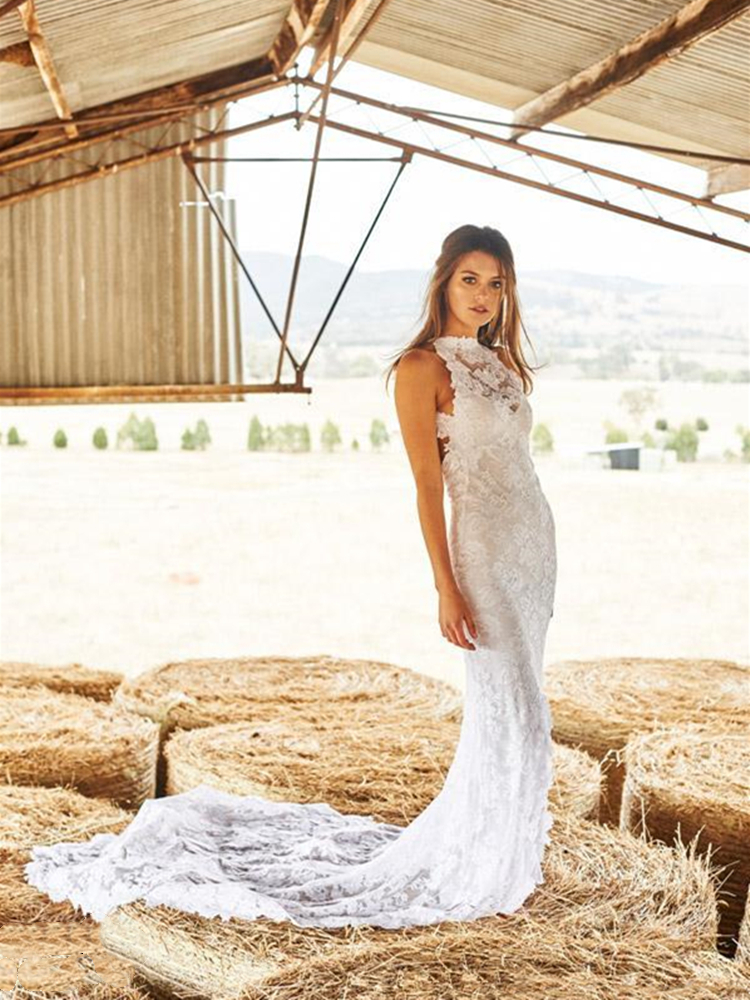 Full Lace Wedding Dress Mermaid Long Backless High Neck Boho Bridal Gowns Vestidos De Novia Bohemian Beach Wedding Long Trail, Ivory
Full Lace Wedding Dress Mermaid Long Backless High Neck Boho Bridal Gowns Vestidos De Novia Bohemian Beach Wedding Long Trail, Ivory