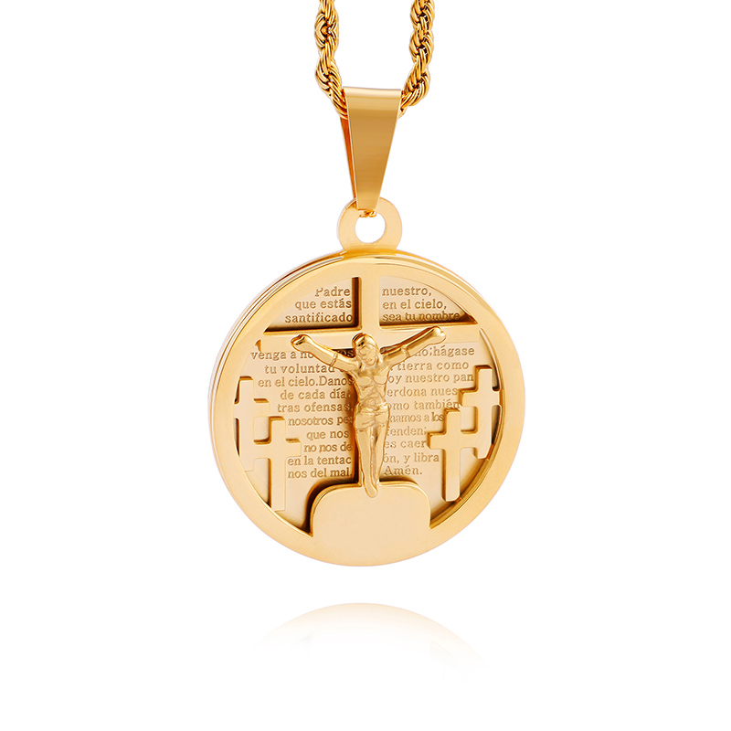Jesus Cross Pattern Pendant Necklace Jewelry Round Shape Stainless Steel Gold Plated Pendants Men Women Religious Jewelry