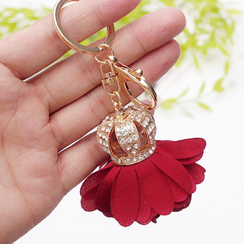 Shiny Rhinestones Key Chains Tassel Crown Flower Keychains Handmade Keyring Women Gift Bag Charm Pendant Key Ring