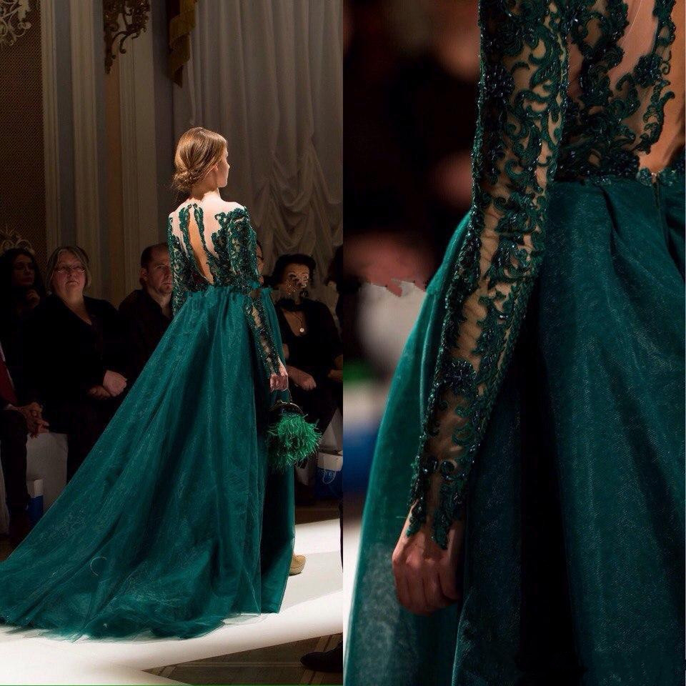 Hunter Green Overskirts Evening Dresses Luxury 2019 Bateau Neck Long Sleeve Full Lace Beaded Formal Prom Gowns Vestidos De Fiesta