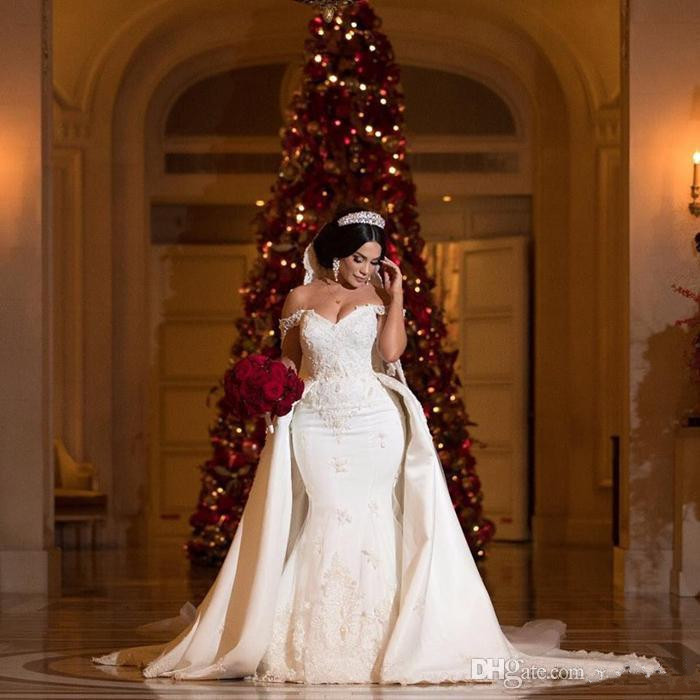Elegant Overskirt Wedding Dresses With Detachable Train Off Shoulder Mermaid Bridal Gowns Lace Applique Beads Ivory Satin Wedding Dress