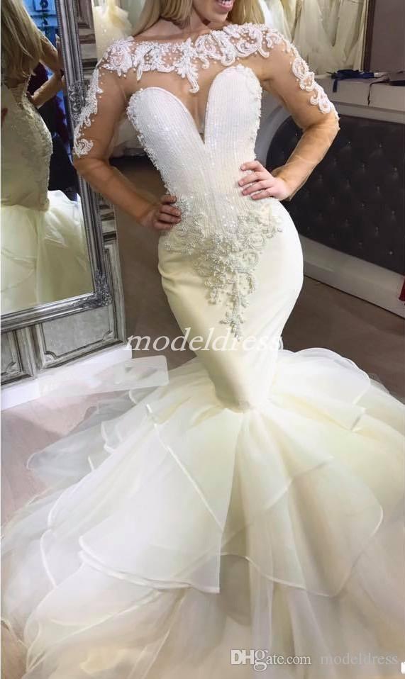 Dubai Sparkly Mermaid Wedding Dresses Long Sleeve Illusion Bodice Major Bridal Gowns Beading Cascading Ruffles Country Wedding Dress