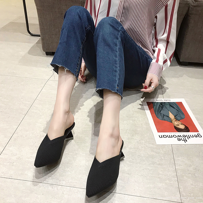 Black Beige Knit Mules Shoes Women Stretch Fabric Pointed Toe Slippers Women Low Heel Slippers Summer Closed Toe Sandals
